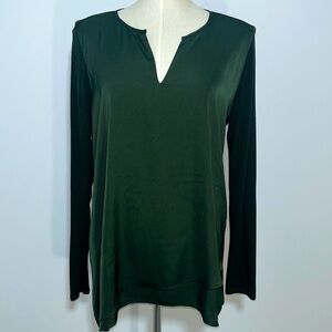 Soft Surroundings Forest Green Satin Layered Front Long Sleeve Tunic Top Size M
